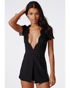 Missguided Lace Plunge Split Front Romper Black - Lyst