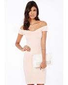Missguided Faye Bardot Bodycon Midi Dress In Nude - Lyst
