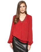 Karen Kane Beaded Drawstring Necklace Blouse - Lyst