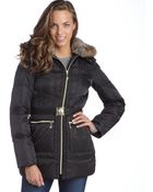 Vince Camuto Black Faux Fur Trim Hooded Belted Down Jacket - Lyst