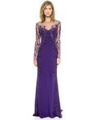 Reem Acra Long Sleeve Embroidered Illusion Column Gown - Violet - Lyst
