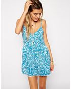 Asos Pom Pom Trim Printed Beach Playsuit - Lyst
