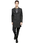 Neil Barrett Leather Sleeves & Herringbone Wool Coat - Lyst