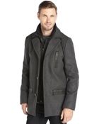 SOIA & KYO Charcoal Leather-Trimmed Inner Bib Button Front Coat - Lyst
