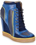 L.a.m.b. Summer Snake-Embossed Leather Sneaker Wedges/Navy & Yellow - Lyst