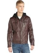 Kenneth Cole Reaction Burgundy Faux Leather Hooded Zip Front Jacket - Lyst