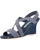 Manolo Blahnik Terwe Elastic Metallic Cork Wedge Sandal - Lyst