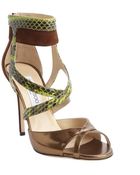 Jimmy Choo Bronze And Brown Patent Leather Suede Accent Strappy Sandals - Lyst