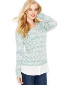 Kensie Longsleeve Vneck Printed Mixedmedia Sweater - Lyst