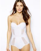 Asos Cupped Mesh Insert Bandeau Swimsuit - Lyst
