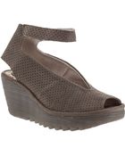 Fly London Yala Wedge Sandal Perforated Khaki Suede - Lyst