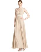 Badgley Mischka Sandstone Stretch Woven Beaded Waist Evening Gown - Lyst