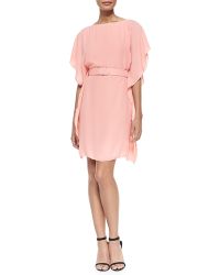 Halston Heritage Chiffon Belted Flutter Dress - Lyst