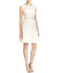 Kay Unger Beaded-Waist Lace Dress - Lyst