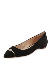 Tory Burch Suede Point-Toe Bar Logo Flat - Lyst