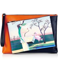 Mary Katrantzou Flamingo-Print Detachable Leather Clutch - Lyst