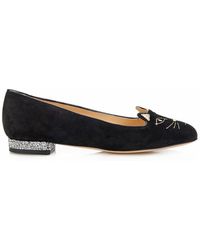 Charlotte Olympia Kitty Crystal-Embellished Suede Flats - Lyst