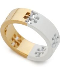 Tory Burch Dipped Pierced T Ring - New Ivory/Shiny Gold - Lyst