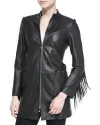 Dawn Levy Long Leather Coat W/ Fringe Trim - Lyst