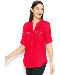 Calvin Klein Roll-Tab-Sleeve Zip-Pocket Blouse - Lyst