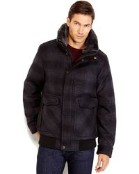 Joseph Abboud Black & Charcoal Plaid Real Fur Trim Bomber Jacket - Lyst