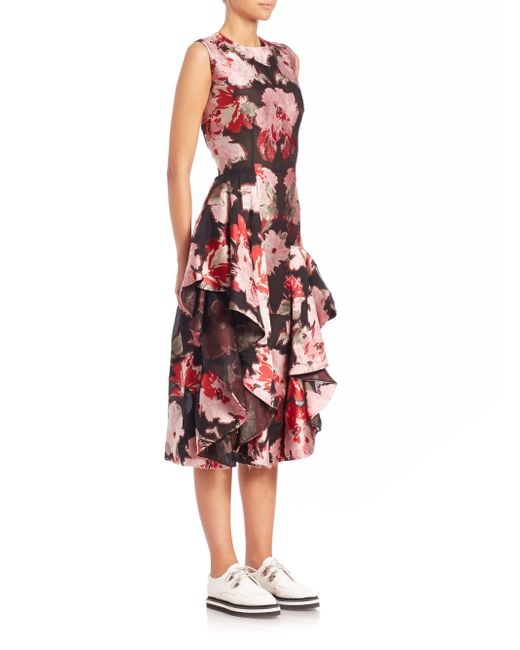 Alexander Mcqueen Floral Print Ruffled Silk Blend Dress In Pink Lyst