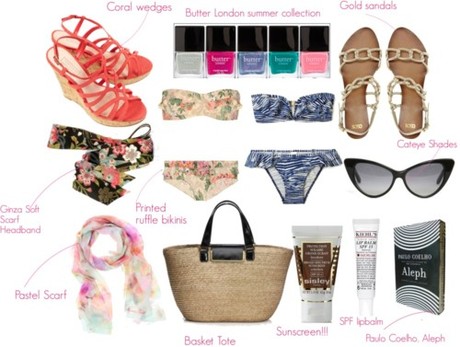 Sunscreen, cat eye sunglasses, a chic ruffled bikini, a headband...