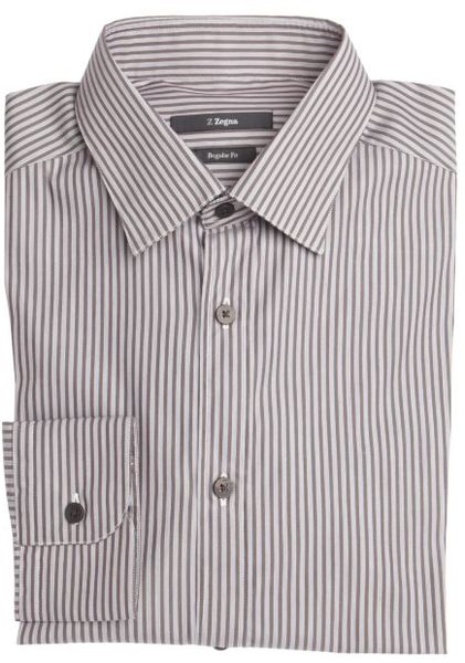 Z Zegna Brown And White Striped Cotton Point Collar Dress