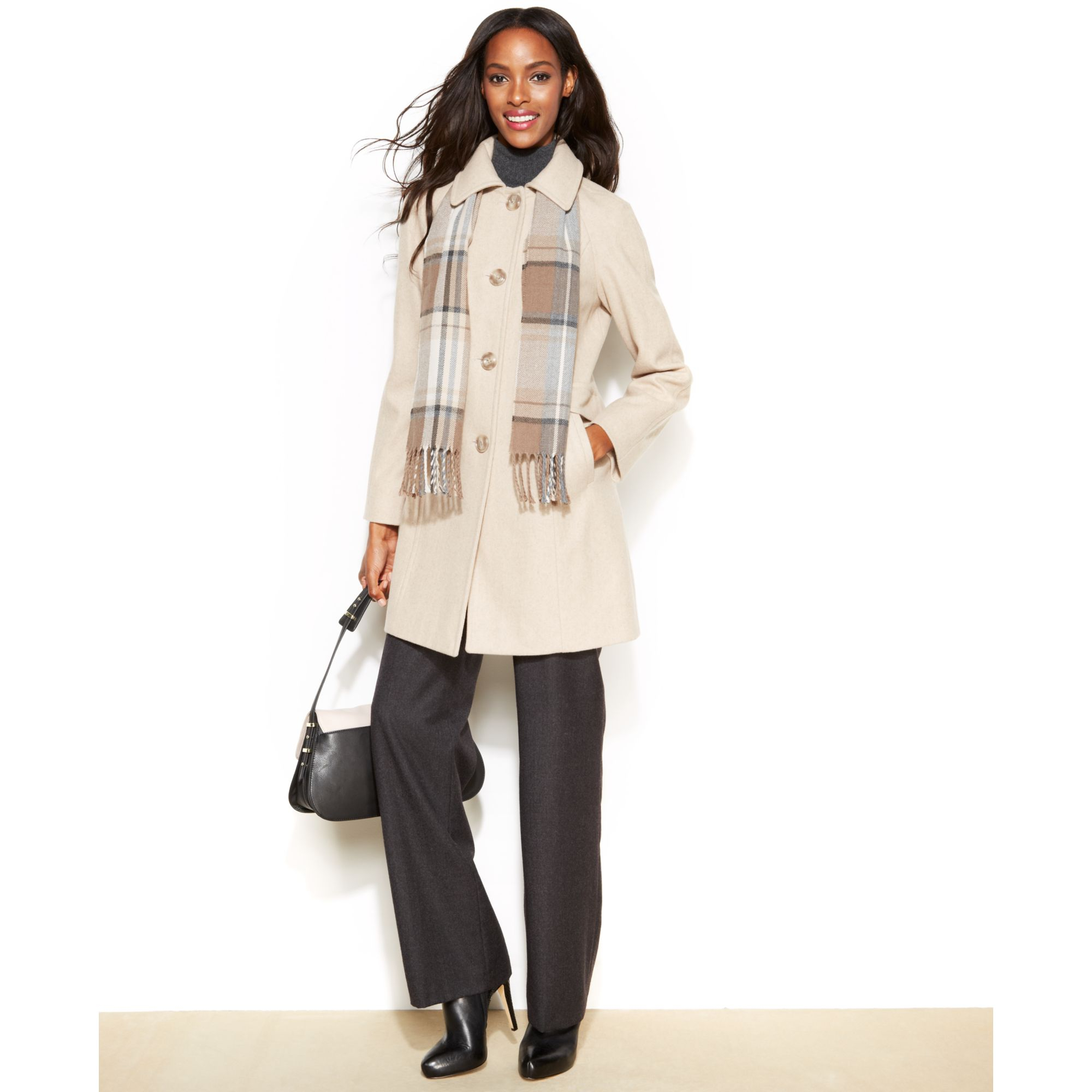 London Fog Petite SingleBreasted WoolBlend Coat With Scarf in Beige