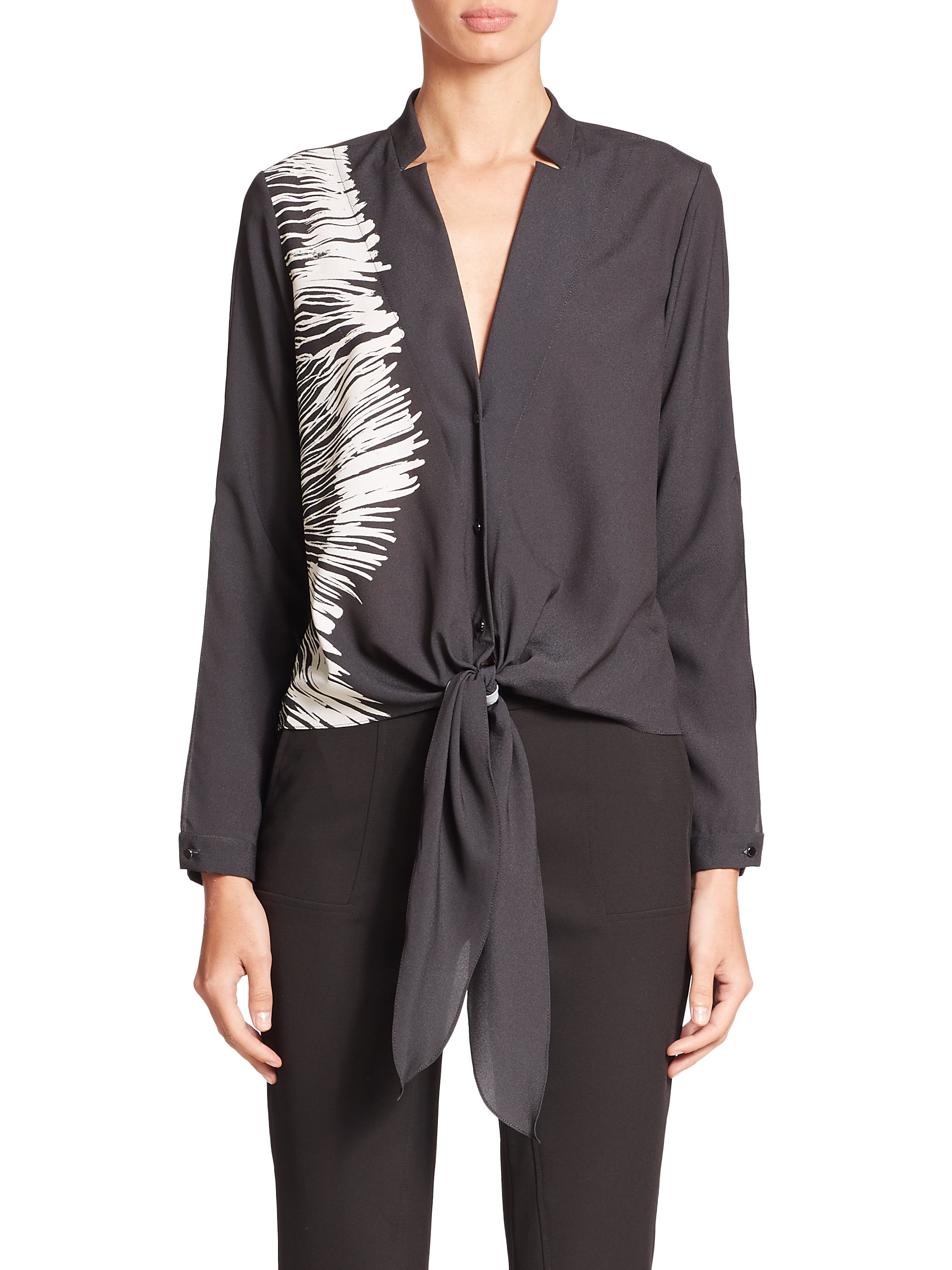 Lyst Halston Tie Front Silk Blouse In Black