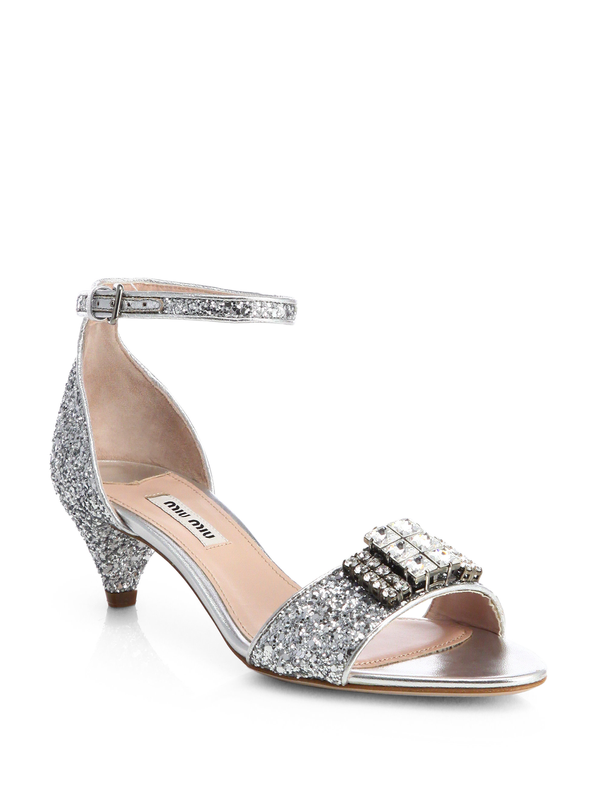 Miu Miu Jeweled Glitter Kittenheel Sandals in Silver (ARGENTO-SILVER ...