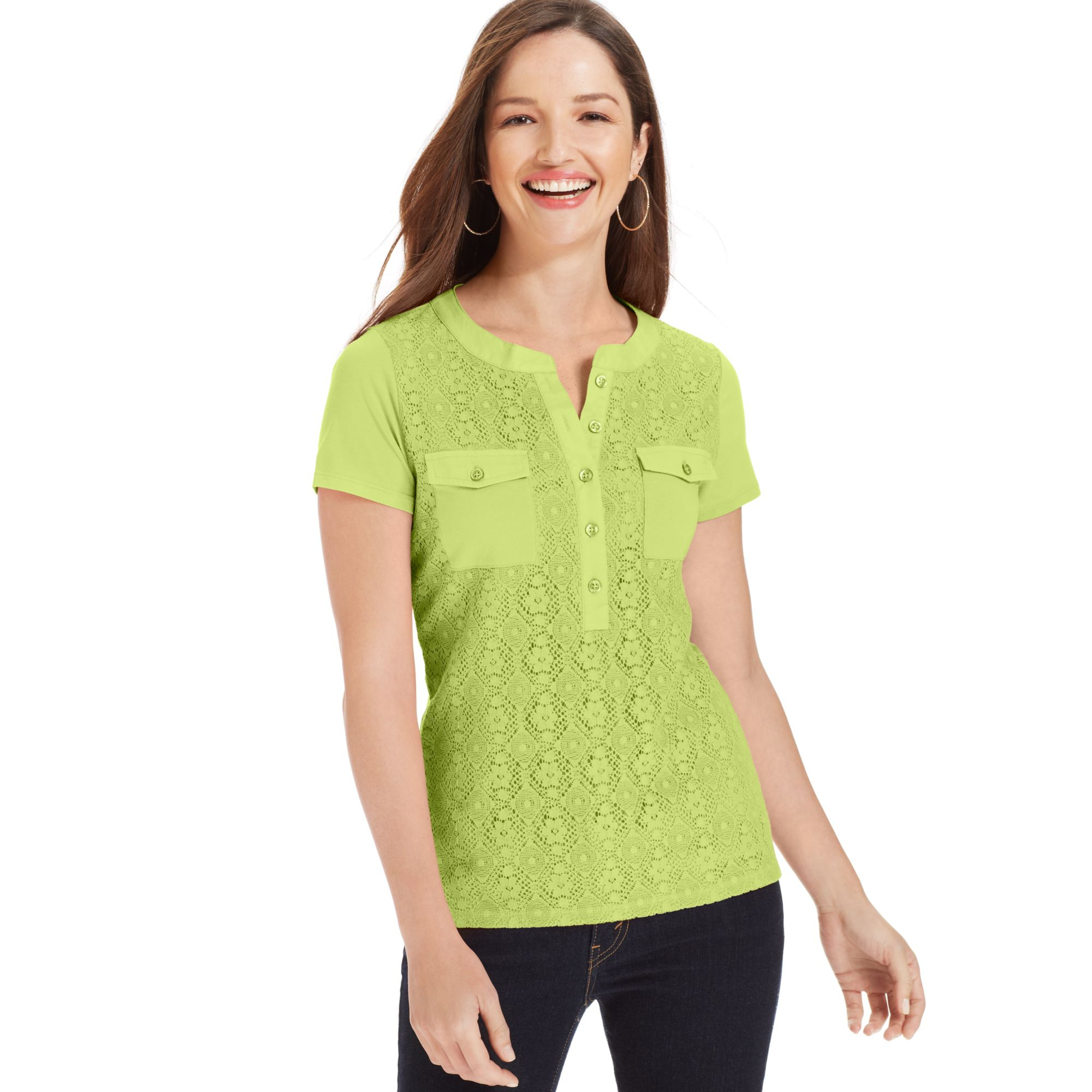 Jones New York Signature Shortsleeve Lace Henley Top in Green (Sorbet