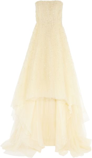 oscar de la renta strapless pleated flocked tulle gown