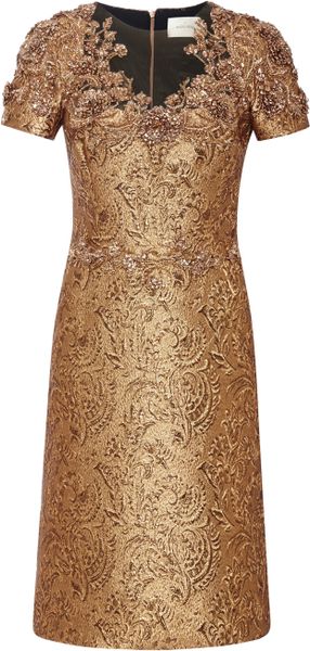 Marchesa Embroidered Metallic Brocade Cocktail Dress in Gold