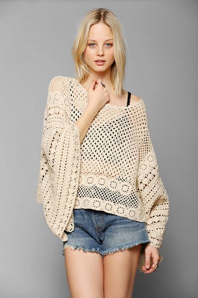 Pins And Needles Crochet Poncho Sweater in Beige (IVORY ...