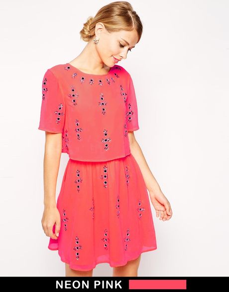 asos-pink-fluro-crop-top-embellished-skater-dress-mini-dresses-product ...