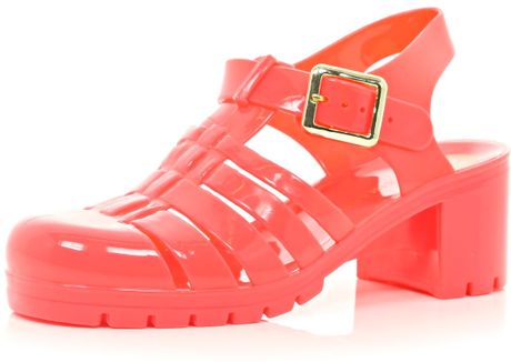 orange low block heel sandals