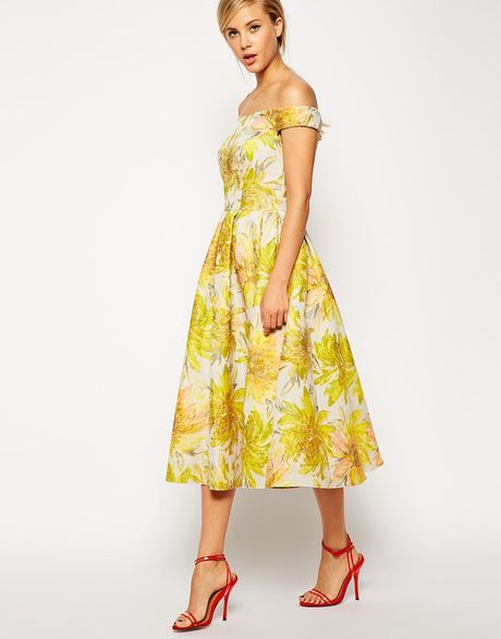 asos-yellow-sunflower-bardot-midi-prom-dress-casual-dresses-product-1 ...