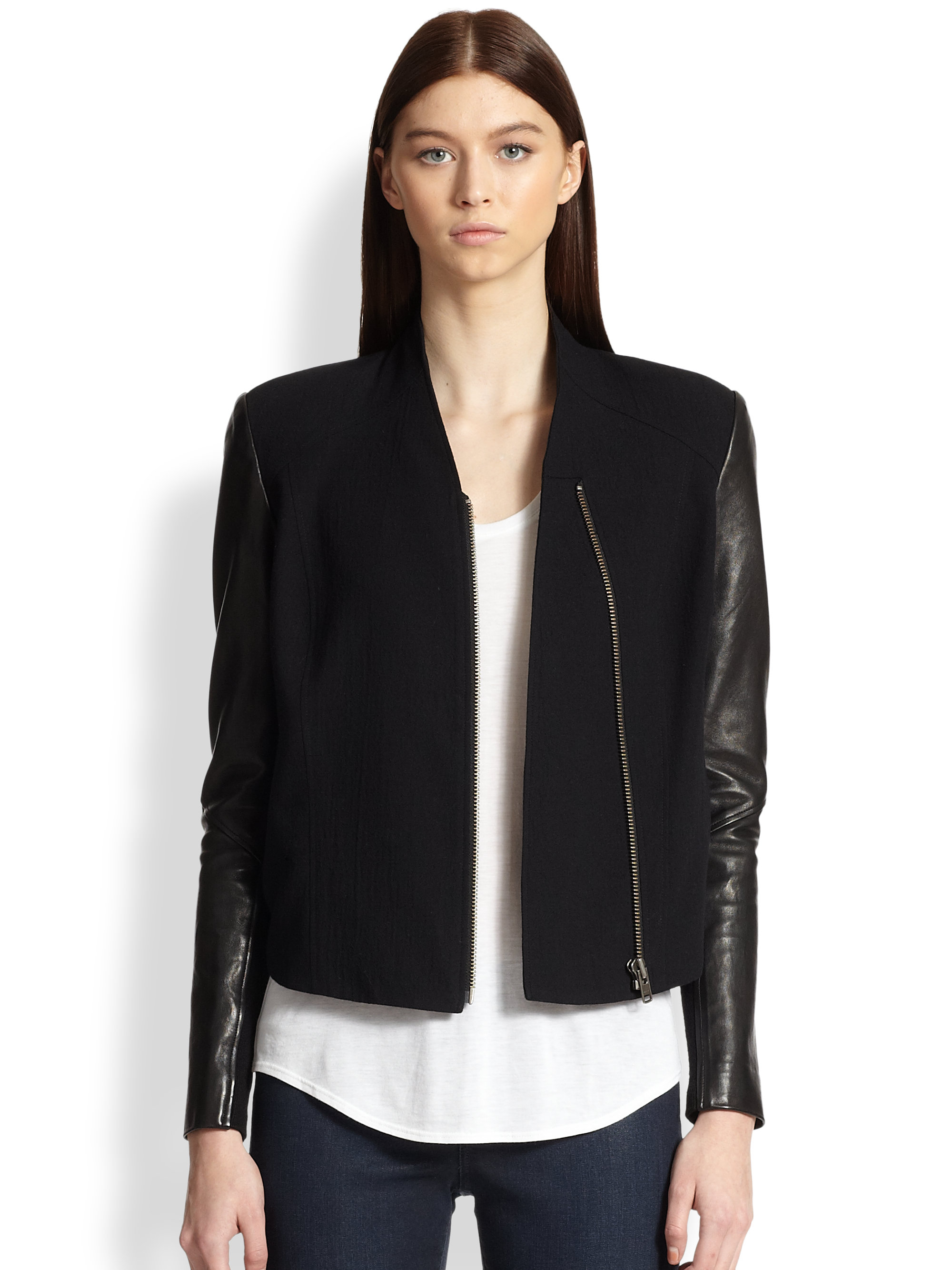 Helmut Lang Eon Leather-Sleeved Cotton & Wool Jacket in Black | Lyst