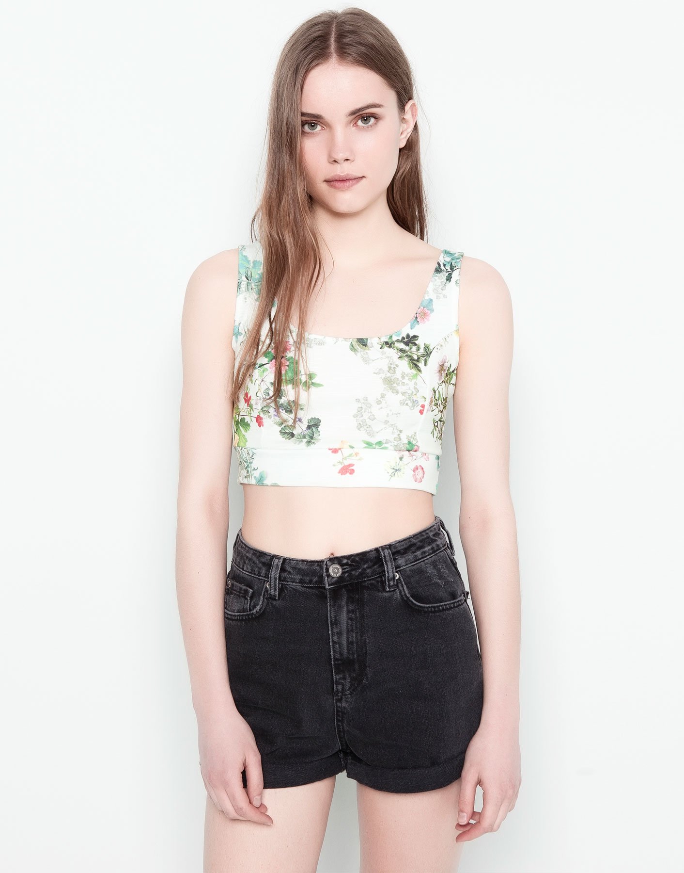 Pull Bear Floral Crop Top In Multicolor Water Green Lyst