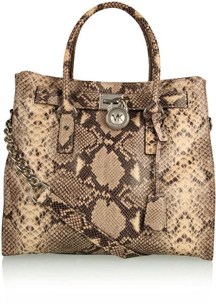 Michael By Michael Kors Hamilton Embossed Python Tote in Beige (silver) - Lyst