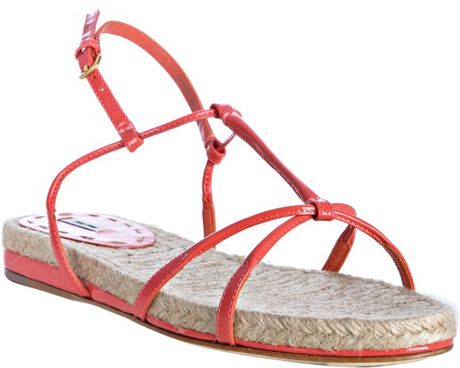 Miu Miu Coral Pink Patent Leather Jute Detail Sandals in Pink (coral) - Lyst
