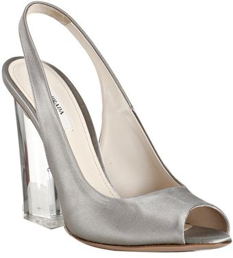  Grey Satin Peep Toe Lucite Heel Slingbacks 