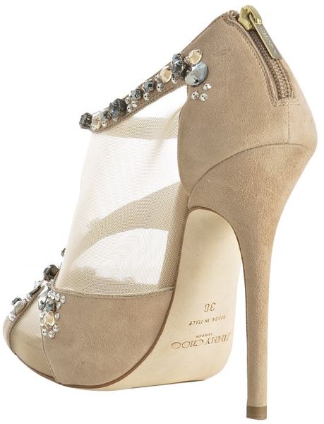 Jimmy Choo Beige Suede and Mesh Jeweled Quinze Sandals in Beige | Lyst