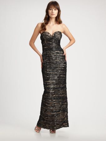 Vicky Tiel Ruched Lace Strapless Gown - Lyst