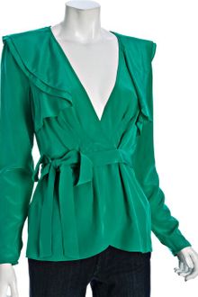 BCBGMAXAZRIA Emerald Silk Wrap Ruffle Blouse - Lyst