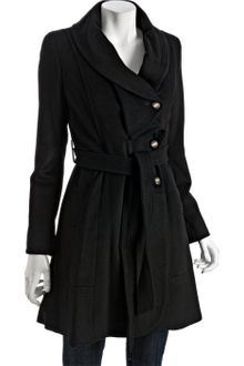 Kenneth Cole Black Wool Blend Ruffle Collar Belted Coat - Lyst