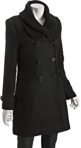 Latte By Coffeeshop Black Textured Wool Blend Knit Collar Double Breasted Coat in Black - Lyst