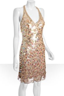 Sue Wong Champagne Silk Paillette V-neck Dress - Lyst
