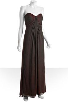 Tadashi Shoji Wine Silk Chiffon Strapless Pleated Bodice Long Gown - Lyst